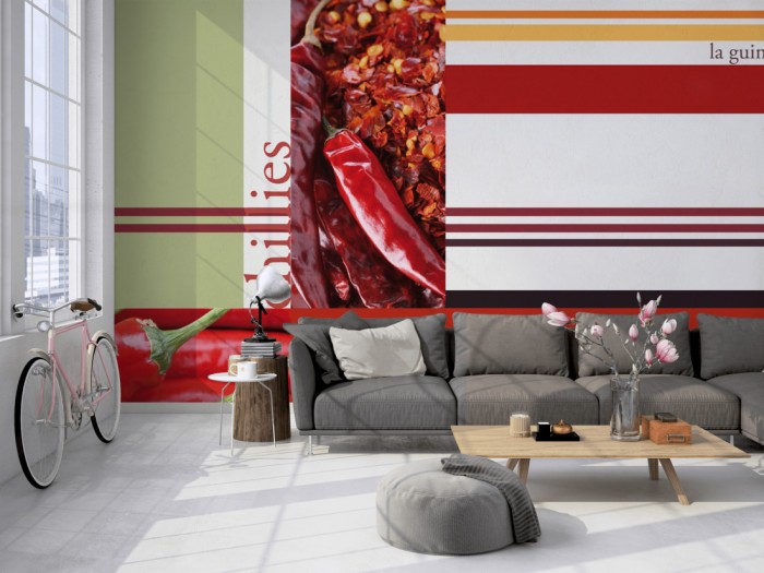 Die Design-Fototapete Chili, Artwork auf einer großen Wand im Loft tapeziert. Die Design-Fototapete Chili, Artwork wird individuell auf Deine Wand angepasst.