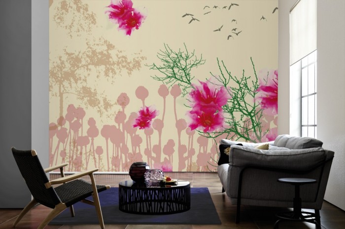 Im Wohnzimmer die Designer-Fototapete Natur Inspiration, Artwork by Mylumi auf einer großen Wand tapeziert. Die Designer-Fototapete Natur Inspiration, Artwork by Mylumi ist als Vlies-Fototapete im Wohnzimmer leicht zu tapezieren.