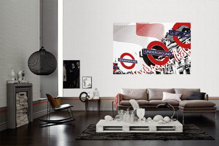 Die Designer-Fototapete Underground London, Artwork by Mylumi als Wandbild im Wohnzimmer. Die Vlies-Designer-Fototapete Underground London, Artwork by Mylumi verschönert als Wandbild Deine Wand.