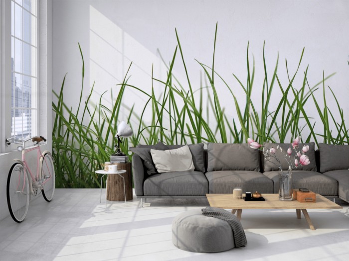 Die Fototapete Gras in Bewegung auf einer großen Wand im Loft tapeziert. Die Fototapete Gras in Bewegung wird individuell auf Deine Wand angepasst.