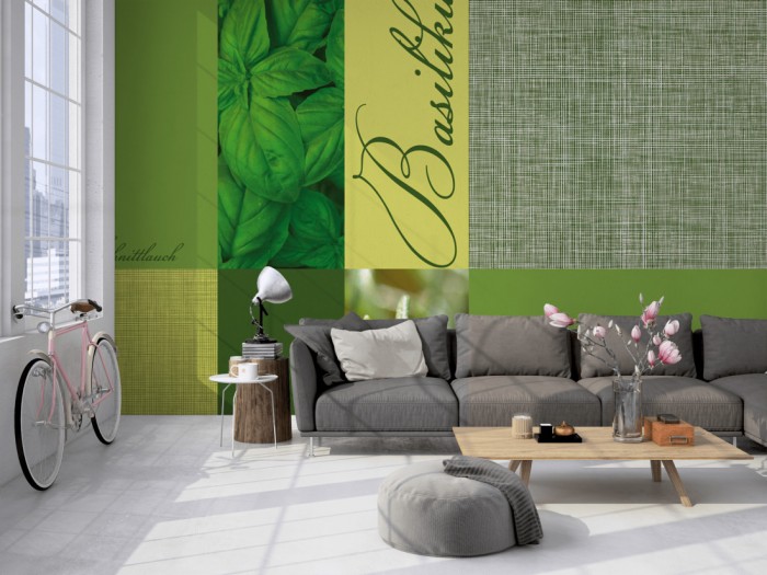 Die Design-Fototapete Kräuter, Artwork auf einer großen Wand im Loft tapeziert. Die Design-Fototapete Kräuter, Artwork wird individuell auf Deine Wand angepasst.
