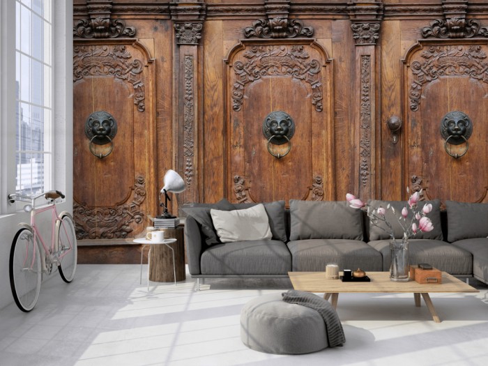 Die Fototapete Holz Wand, klassische Vertäfelung aus Eiche auf einer großen Wand im Loft tapeziert. Die Fototapete Holz Wand, klassische Vertäfelung aus Eiche wird individuell auf Deine Wand angepasst.