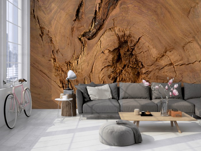 Die Fototapete Holz Wand, Baumstamm auf einer großen Wand im Loft tapeziert. Die Fototapete Holz Wand, Baumstamm wird individuell auf Deine Wand angepasst.
