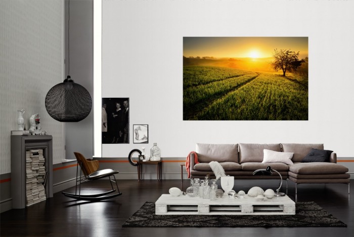 Die Fototapete Landschaft Idylle bei Sonnenaufgang als Wandbild im Wohnzimmer. Die Vlies-Fototapete Landschaft Idylle bei Sonnenaufgang verschönert als Wandbild Deine Wand.