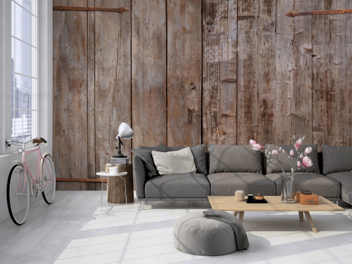 Die Fototapete Holz Wand, Holztüren auf einer großen Wand im Loft tapeziert. Die Fototapete Holz Wand, Holztüren wird individuell auf Deine Wand angepasst.