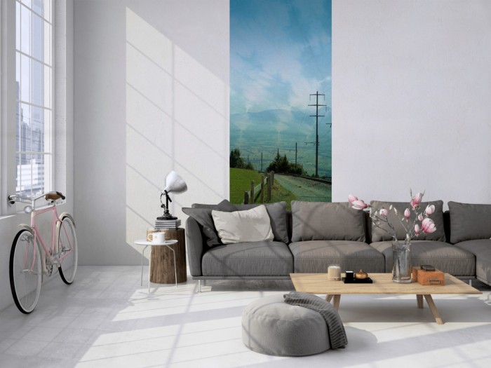 Das 3D-Fotopanel Landstraße in den Bergen, Vintage tapeziert in einem Loft. Bestelle die Bildtapete für Deine Wand online.