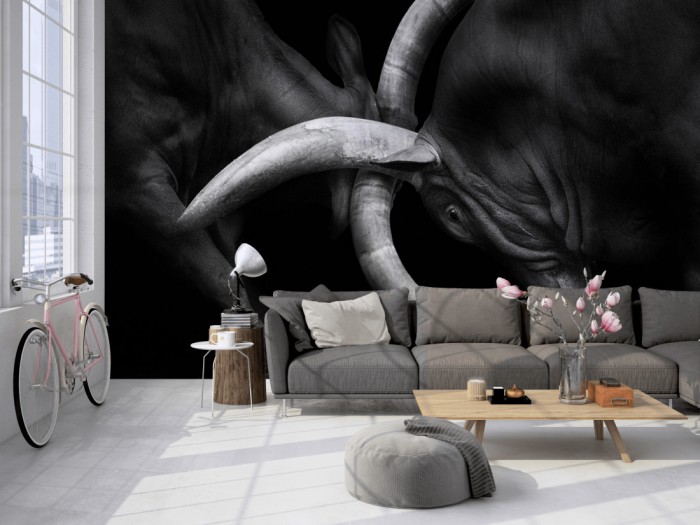 Die Fototapete Stiere beim Kampf, schwarz-weiß auf einer großen Wand im Loft tapeziert. Die Fototapete Stiere beim Kampf, schwarz-weiß wird individuell auf Deine Wand angepasst.