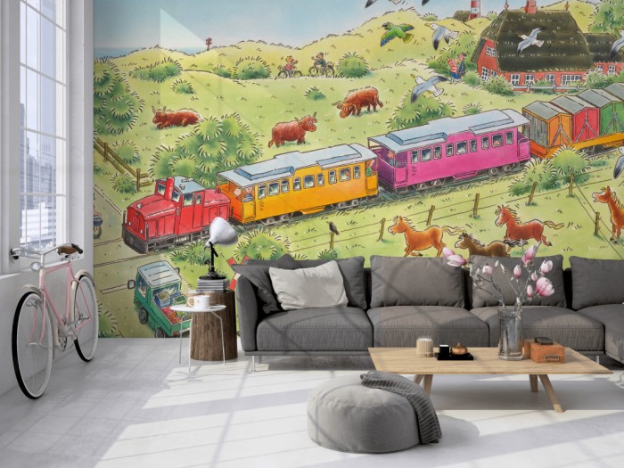 Die Fototapete Landschaft mit Tieren, Wimmelbild für Kinder auf einer großen Wand im Loft tapeziert. Die Fototapete Landschaft mit Tieren, Wimmelbild für Kinder wird individuell auf Deine Wand angepasst.