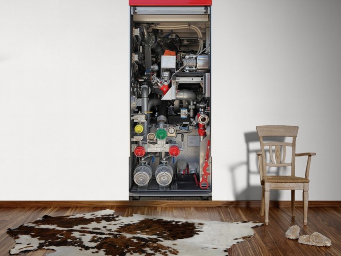 Ein Foto von dem 3D Fotopanel Tür eines Feuerwehrautos tapeziert an der Wand. Bestelle Deine Bildtapete online.