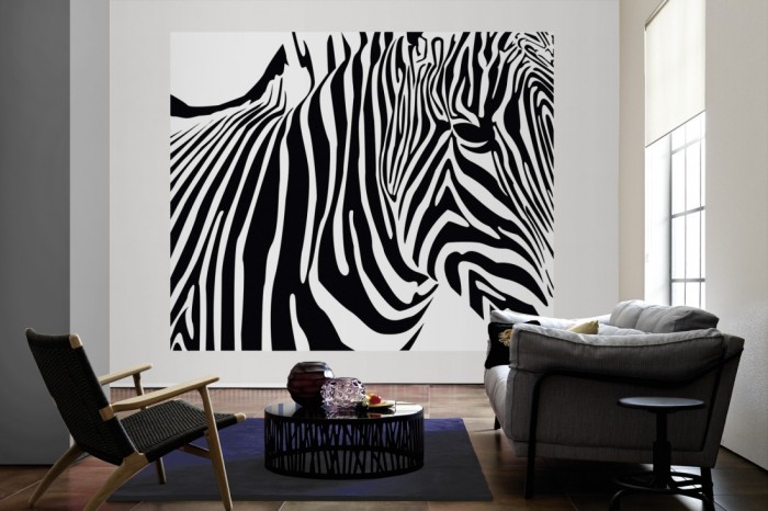 Die Fototapete Zebra, Artwork als große Bildtapete im Wohnzimmer. Als Bildtapete ist die Fototapete Zebra, Artwork ein besonderes Highlight auf Vliestapete.