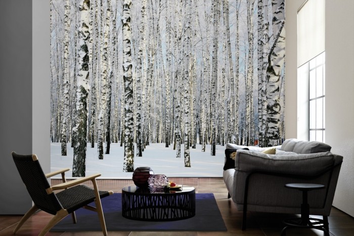 Im Wohnzimmer die Fototapete Birkenwald im Schnee auf einer großen Wand tapeziert. Die Fototapete Birkenwald im Schnee ist als Vlies-Fototapete im Wohnzimmer leicht zu tapezieren.