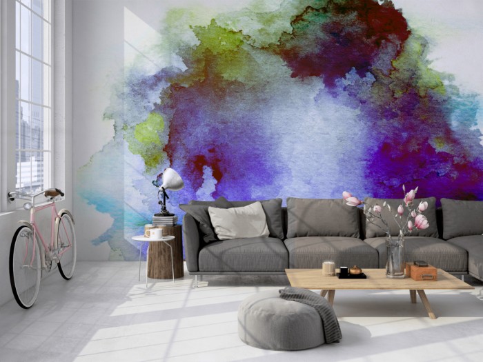 Die Design-Fototapete Verlauf der Wasserfarbe in Blau-Grün auf einer großen Wand im Loft tapeziert. Die Design-Fototapete Verlauf der Wasserfarbe in Blau-Grün wird individuell auf Deine Wand angepasst.