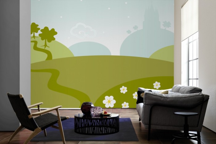 Im Wohnzimmer die Design-Fototapete Märchenwelt, Artwork für Kinder auf einer großen Wand tapeziert. Die Design-Fototapete Märchenwelt, Artwork für Kinder ist als Vlies-Fototapete im Wohnzimmer leicht zu tapezieren.