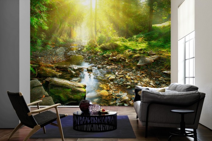 Im Wohnzimmer die Fototapete Waldbach bei Sonnenschein auf einer großen Wand tapeziert. Die Fototapete Waldbach bei Sonnenschein ist als Vlies-Fototapete im Wohnzimmer leicht zu tapezieren.