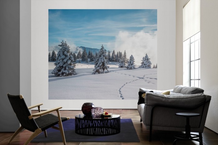 Die Fototapete Wald im Winter, Schwarzwald als große Bildtapete im Wohnzimmer. Als Bildtapete ist die Fototapete Wald im Winter, Schwarzwald ein besonderes Highlight auf Vliestapete.