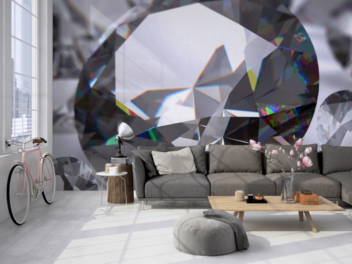 Die Fototapete Diamant auf einer großen Wand im Loft tapeziert. Die Fototapete Diamant wird individuell auf Deine Wand angepasst.