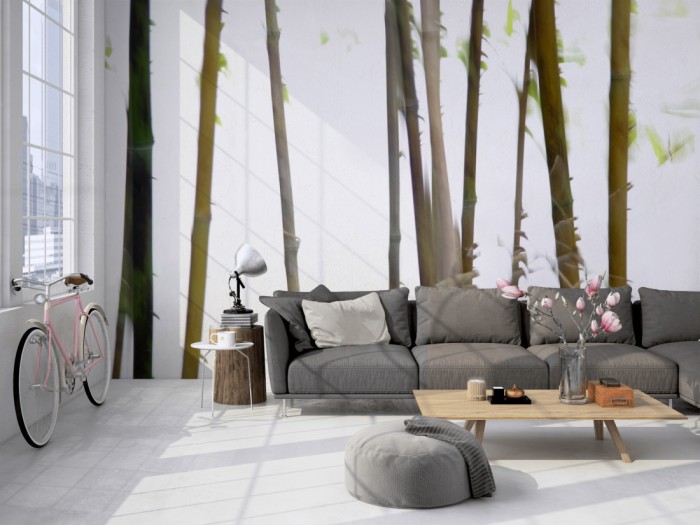 Die Fototapete Bambus überblendet auf einer großen Wand im Loft tapeziert. Die Fototapete Bambus überblendet wird individuell auf Deine Wand angepasst.