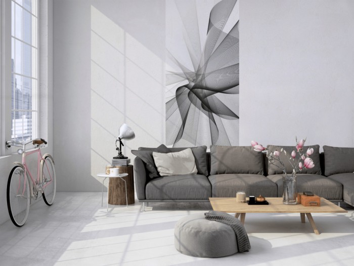 Das 3D-Design-Fotopanel Plastische Form Weiß, Artwork tapeziert in einem Loft. Bestelle die Bildtapete für Deine Wand online.