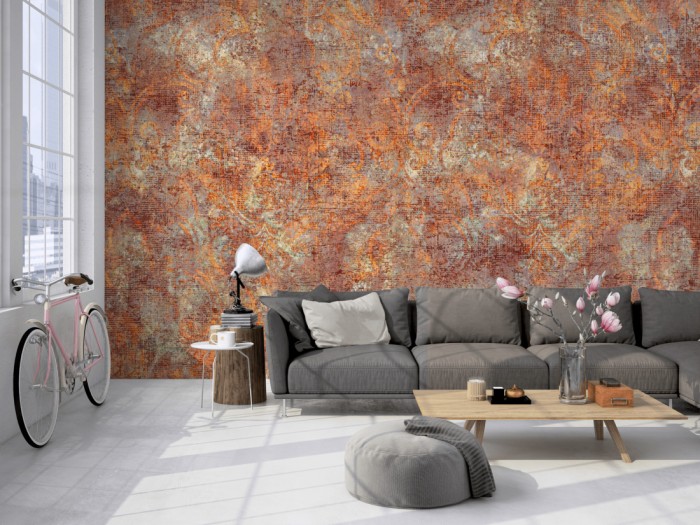 Die Designtapete Barock Ornament, Vintage Rost-Patina auf einer großen Wand im Loft tapeziert. Die Designtapete Barock Ornament, Vintage Rost-Patina wird individuell auf Deine Wand angepasst.