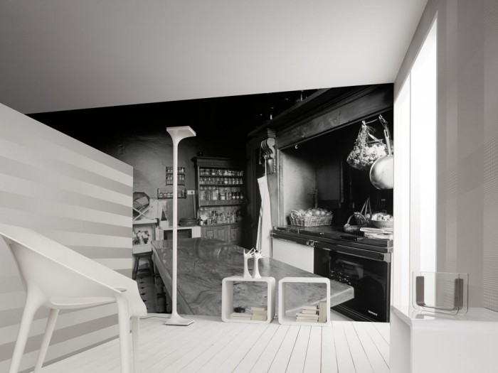3D-Fototapete Alte Küche, schwarz-weiß