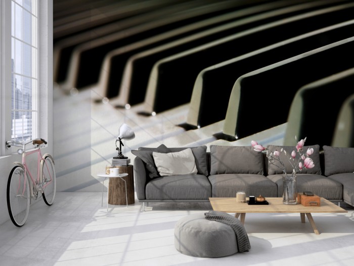 Die Fototapete Klavier, Musik auf einer großen Wand im Loft tapeziert. Die Fototapete Klavier, Musik wird individuell auf Deine Wand angepasst.