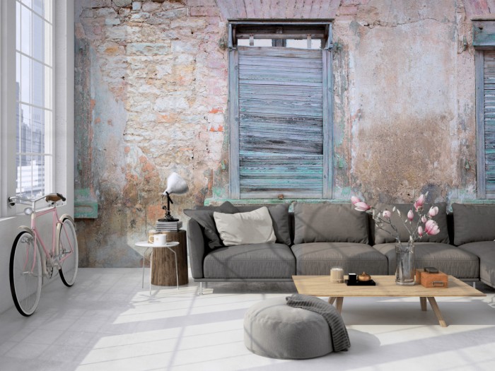 Die Fototapete Vintage Wand mit Fenstern auf einer großen Wand im Loft tapeziert. Die Fototapete Vintage Wand mit Fenstern wird individuell auf Deine Wand angepasst.