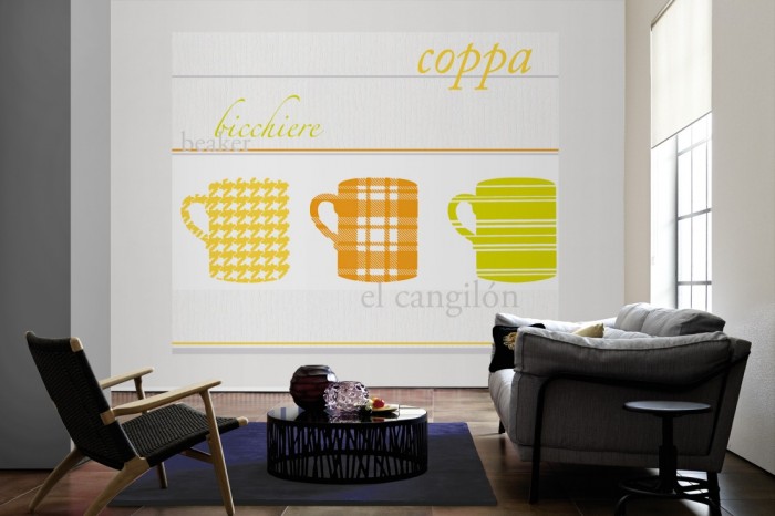 Die Design-Fototapete Tassen, Artwork als große Bildtapete im Wohnzimmer. Als Bildtapete ist die Design-Fototapete Tassen, Artwork ein besonderes Highlight auf Vliestapete.