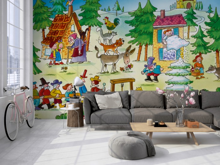 Die Fototapete Märchenwald, Wimmelbild für Kinder auf einer großen Wand im Loft tapeziert. Die Fototapete Märchenwald, Wimmelbild für Kinder wird individuell auf Deine Wand angepasst.