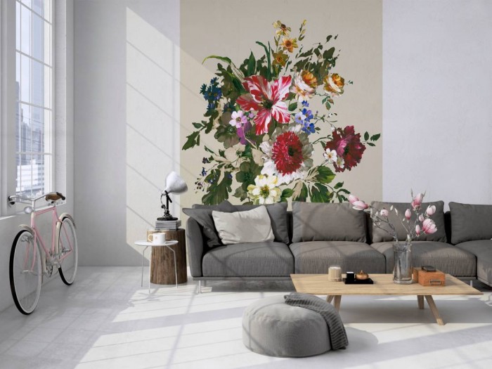 Das Design-Fotopanel Blumen-Bouquet Beige von Joop tapeziert in einem Loft. Bestelle die Bildtapete für Deine Wand online.