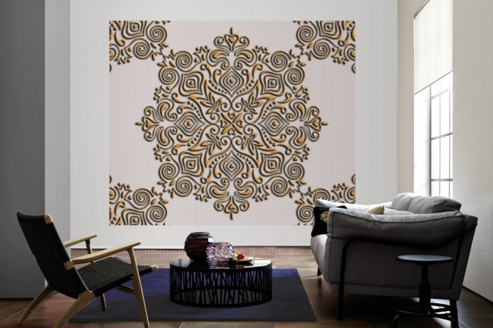 Die Designtapete Barock Ornament, Modern 3D als große Bildtapete im Wohnzimmer. Als Bildtapete ist die Designtapete Barock Ornament, Modern 3D ein besonderes Highlight auf Vliestapete.