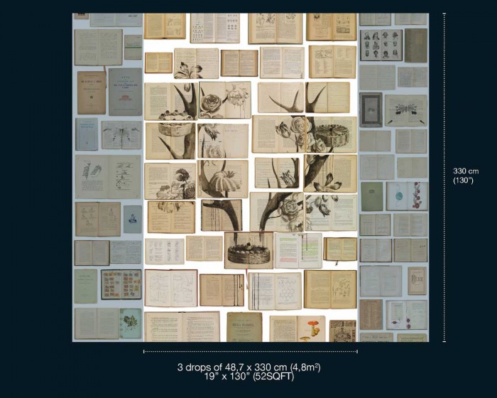 Abmessungen der NLXL Tapete EKA-02 Biblioteca von Ekaterina Panikanova, rechts und links ergänzt durch die passende Tapete EKA-07.