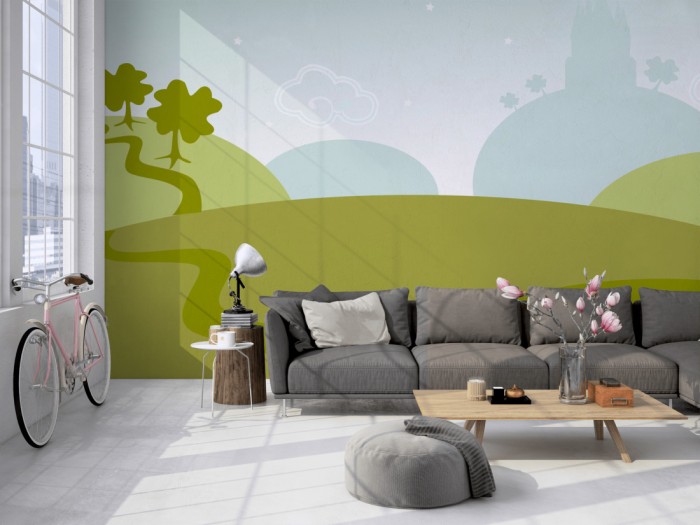 Die Design-Fototapete Märchenwelt, Artwork für Kinder auf einer großen Wand im Loft tapeziert. Die Design-Fototapete Märchenwelt, Artwork für Kinder wird individuell auf Deine Wand angepasst.