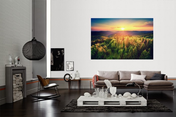 Die Fototapete Sonnenuntergang über dem Wald als Wandbild im Wohnzimmer. Die Vlies-Fototapete Sonnenuntergang über dem Wald verschönert als Wandbild Deine Wand.