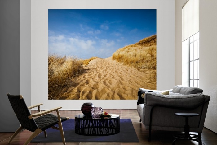 Die Fototapete Sylt, Dünenlandschaft als große Bildtapete im Wohnzimmer. Als Bildtapete ist die Fototapete Sylt, Dünenlandschaft ein besonderes Highlight auf Vliestapete.