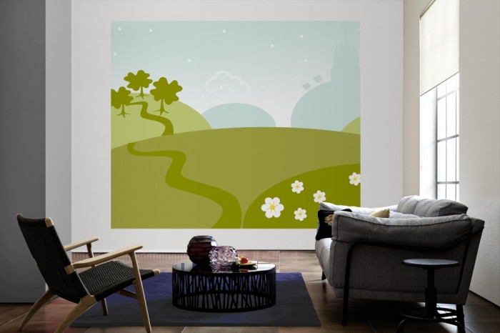 Die Design-Fototapete Märchenwelt, Artwork für Kinder als große Bildtapete im Wohnzimmer. Als Bildtapete ist die Design-Fototapete Märchenwelt, Artwork für Kinder ein besonderes Highlight auf Vliestapete.