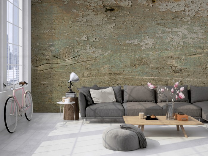 Die Fototapete Holz Wand, alter Anstrich Detail auf einer großen Wand im Loft tapeziert. Die Fototapete Holz Wand, alter Anstrich Detail wird individuell auf Deine Wand angepasst.