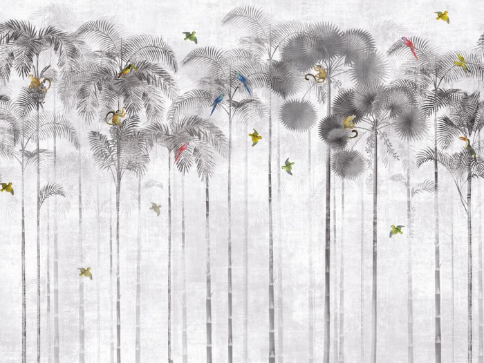 Ansicht der grauen Dschungeltapete Animal Palms Wallpaper