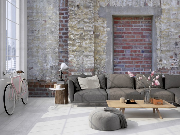 Die Fototapete Ziegel Wand, altes Haus auf einer großen Wand im Loft tapeziert. Die Fototapete Ziegel Wand, altes Haus wird individuell auf Deine Wand angepasst.