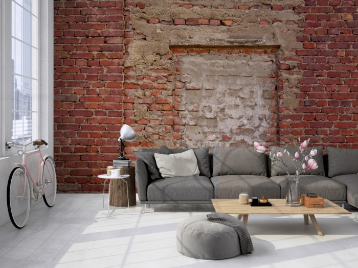 Die Fototapete Ziegel Wand, Steine vermauert auf einer großen Wand im Loft tapeziert. Die Fototapete Ziegel Wand, Steine vermauert wird individuell auf Deine Wand angepasst.