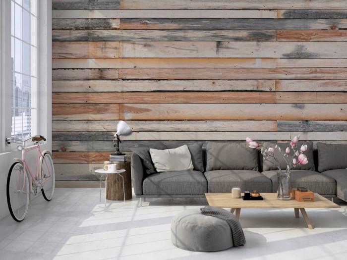 Die Fototapete Holz Wand, alte Bretter auf einer großen Wand im Loft tapeziert. Die Fototapete Holz Wand, alte Bretter wird individuell auf Deine Wand angepasst.