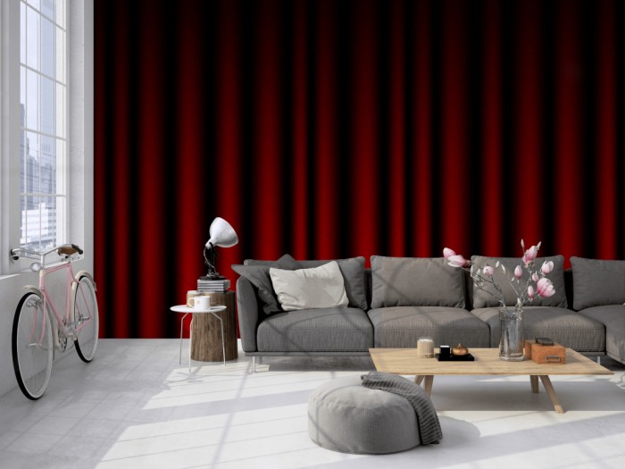 Die Fototapete Roter Vorhang, Kinovorhang auf einer großen Wand im Loft tapeziert. Die Fototapete Roter Vorhang, Kinovorhang wird individuell auf Deine Wand angepasst.