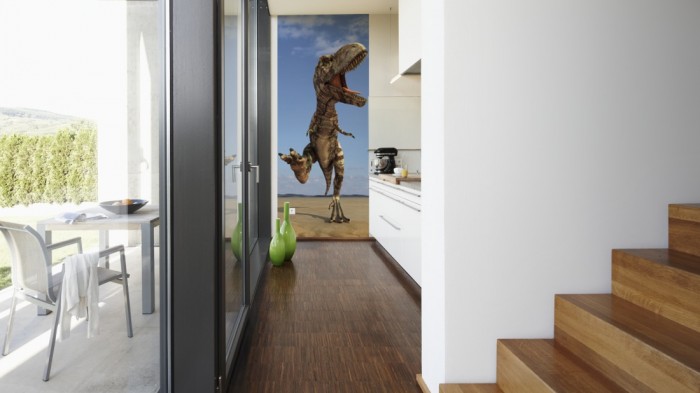 Ein Foto von dem 3D Fotopanel T-Rex tapeziert in der Küche. Bestelle Deine Bildtapete online.