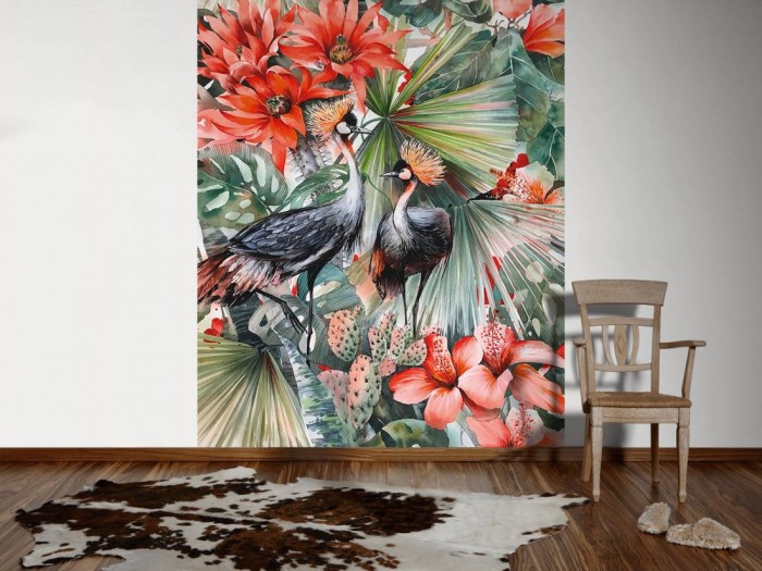 Das Design-Fotopanel Kraniche in Blüten und Blättern bunt tapeziert in einem Büro. Bestelle die Bildtapete für Deine Wand online.
