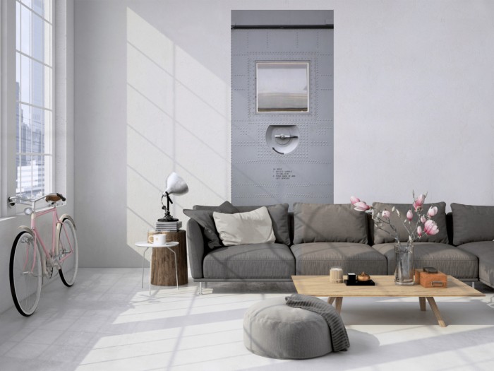 Das 3D Fotopanel Flugzeugtür tapeziert in einem Loft. Bestelle die Bildtapete für Deine Wand online.