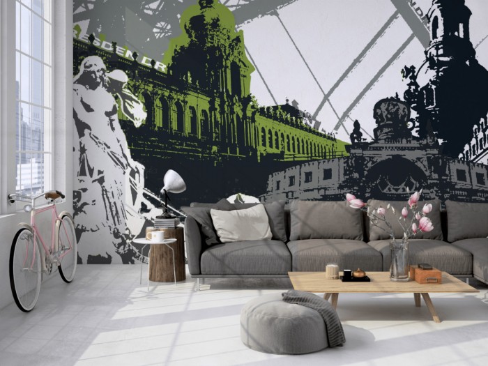 Die Design-Fototapete Dresden Deutschland, Artwork auf einer großen Wand im Loft tapeziert. Die Design-Fototapete Dresden Deutschland, Artwork wird individuell auf Deine Wand angepasst.