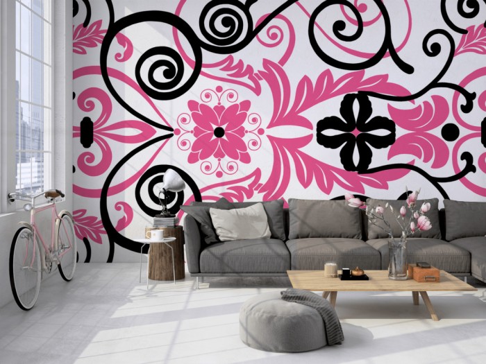 Die Designtapete Modernes Ornament, Weiß-Pink auf einer großen Wand im Loft tapeziert. Die Designtapete Modernes Ornament, Weiß-Pink wird individuell auf Deine Wand angepasst.