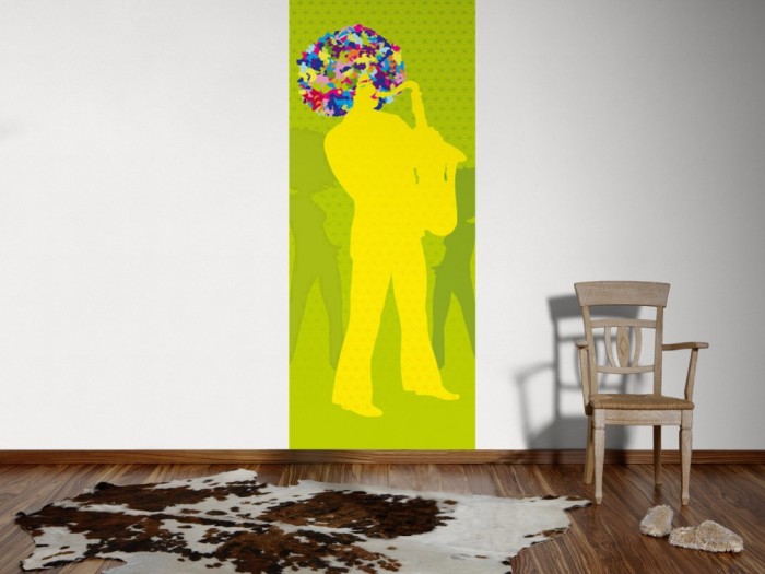 Ein Foto von dem Design-Fotopanel Party der 70er Grün, Artwork tapeziert an der Wand. Bestelle Deine Bildtapete online.