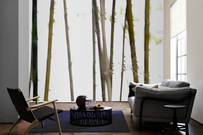 Im Wohnzimmer die Fototapete Bambus überblendet auf einer großen Wand tapeziert. Die Fototapete Bambus überblendet ist als Vlies-Fototapete im Wohnzimmer leicht zu tapezieren.