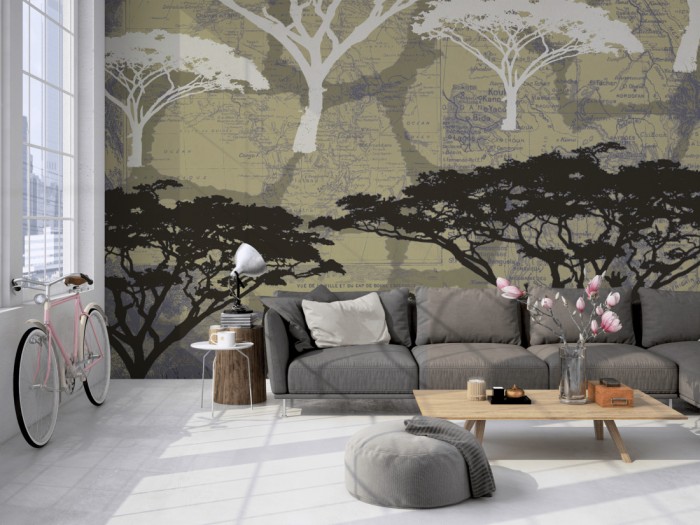 Die Designer-Fototapete Afrikas Savanne, Artwork by Mylumi auf einer großen Wand im Loft tapeziert. Die Designer-Fototapete Afrikas Savanne, Artwork by Mylumi wird individuell auf Deine Wand angepasst.