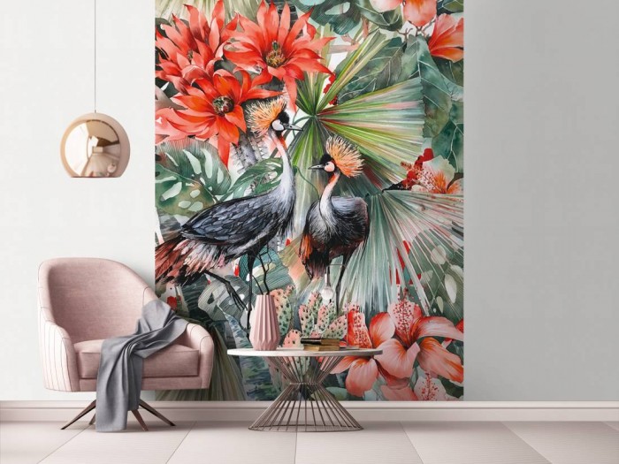 Ein Foto von dem Design-Fotopanel Kraniche in Blüten und Blättern bunt tapeziert an der Wand. Bestelle Deine Bildtapete online.